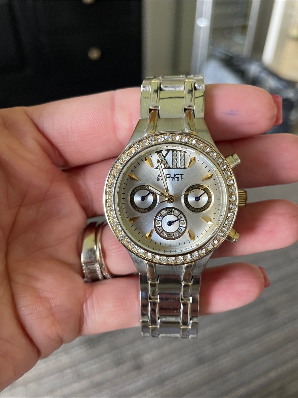 August Steiner Silver and Gold Two-Tone Crystal Chronograph Watch